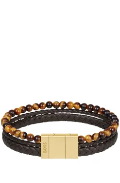 Armband mit Tigerperlen und geflochtenem Leder in Braun
