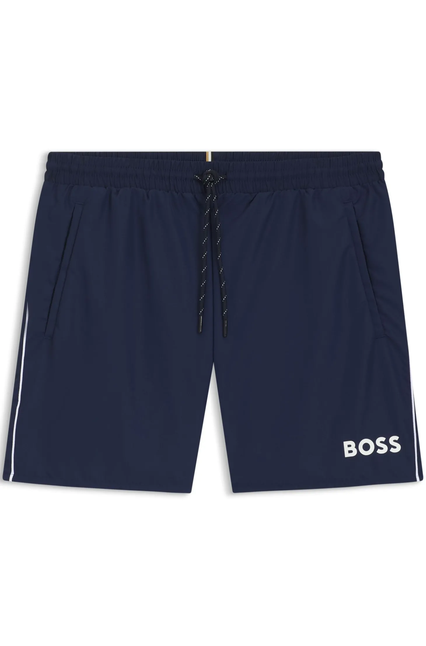 Badeshorts mit kontrastfarbenem Logo und Paspelierung