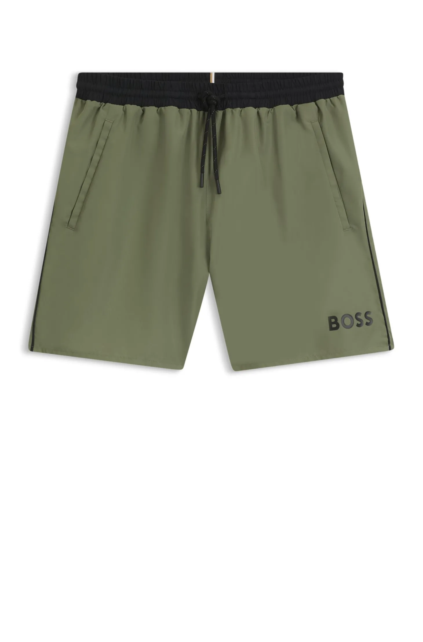 Badeshorts mit kontrastfarbenem Logo und Paspelierung