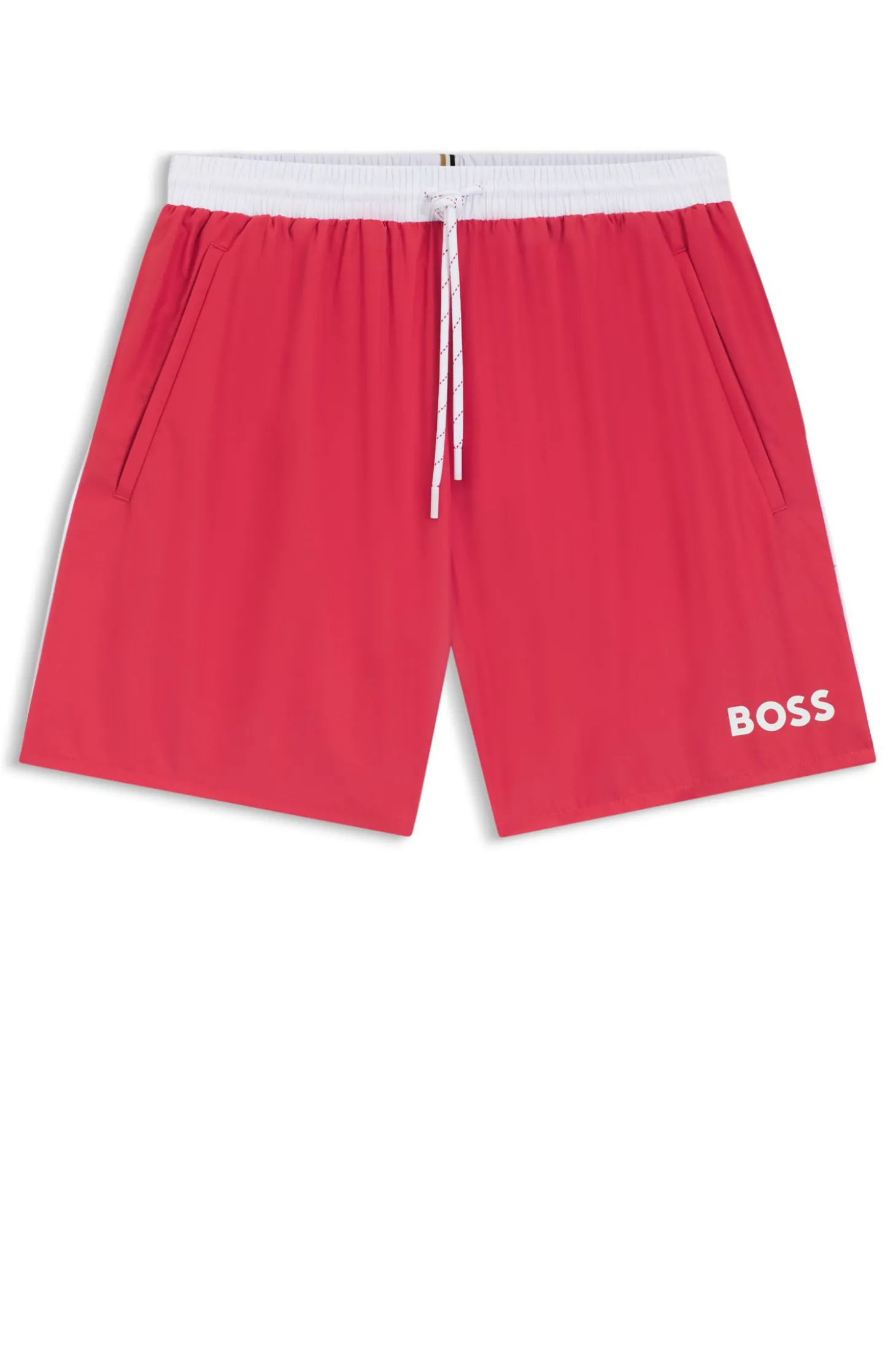 Badeshorts mit kontrastfarbenem Logo und Paspelierung