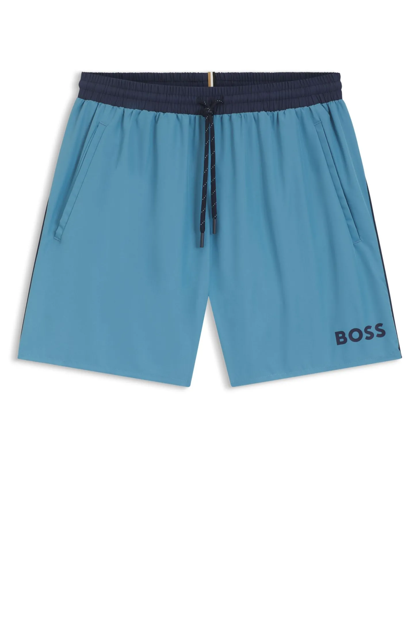 Badeshorts mit kontrastfarbenem Logo und Paspelierung