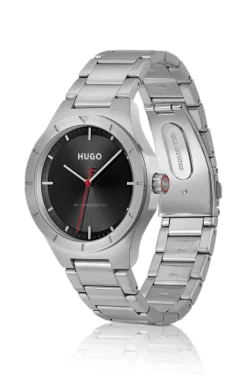 Beleuchtete Uhr mit Gliederarmband und schwarzem Zifferblatt