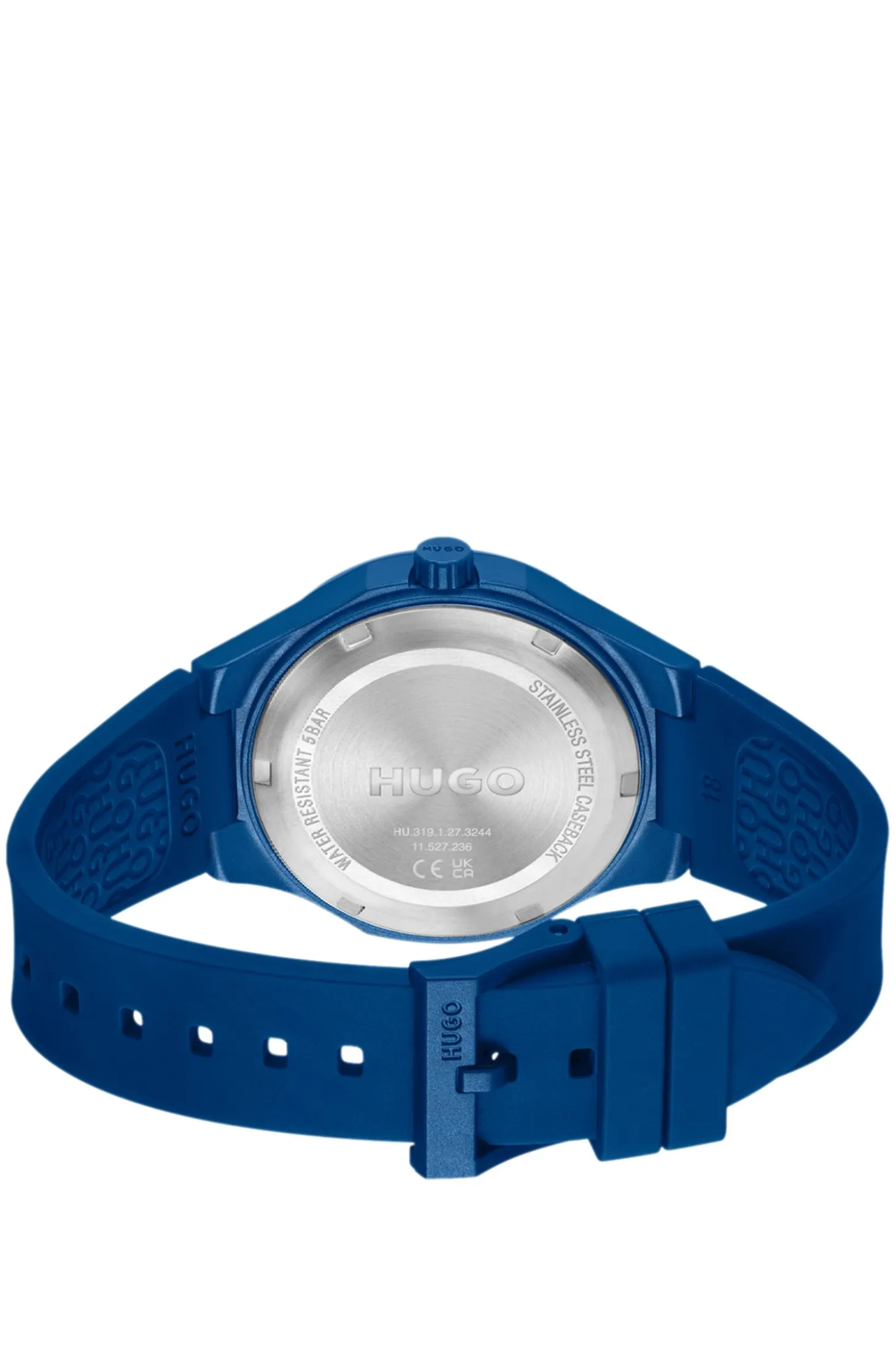 Blaue Uhr mit Logos auf dem Silikonarmband