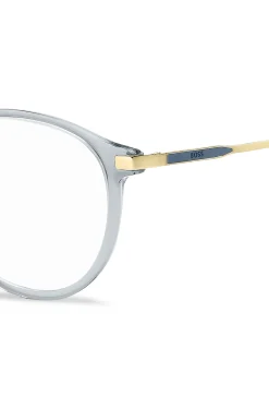 Blaugraue Brillenfassung mit goldfarbenen Details