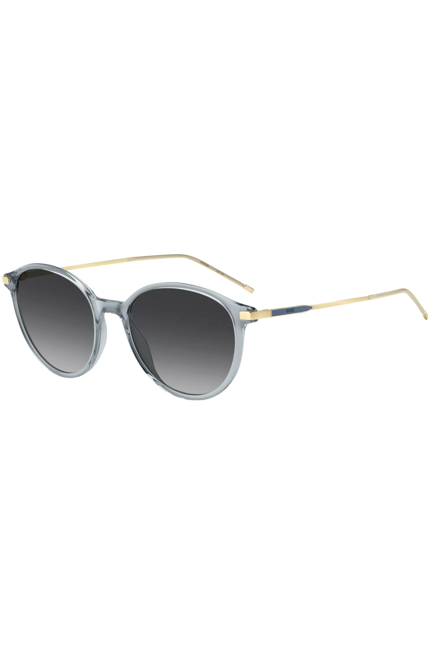 Blaugraue Sonnenbrille mit goldfarbenen Bügeln
