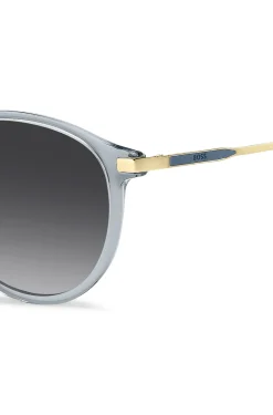 Blaugraue Sonnenbrille mit goldfarbenen Bügeln