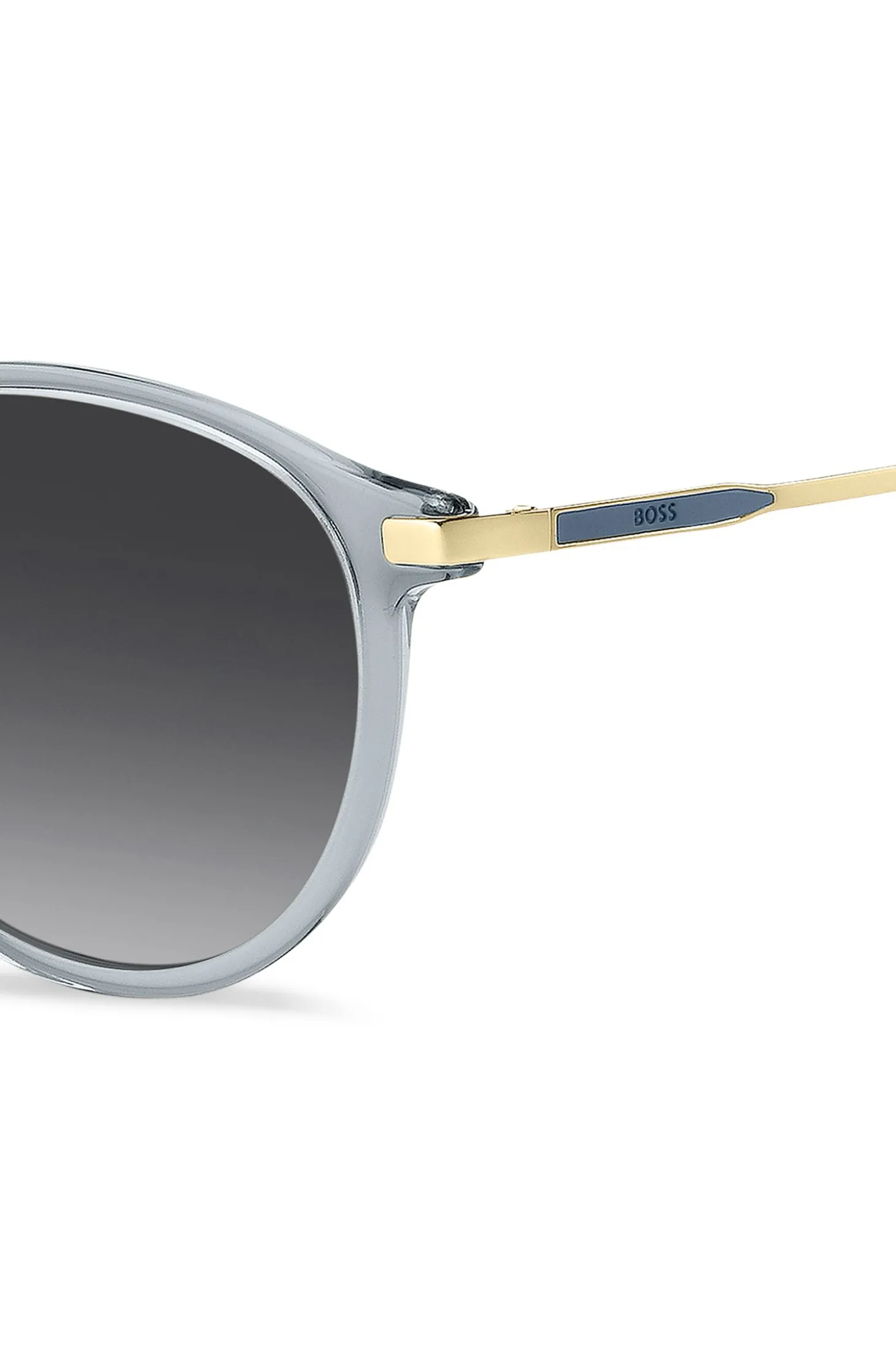 Blaugraue Sonnenbrille mit goldfarbenen Bügeln