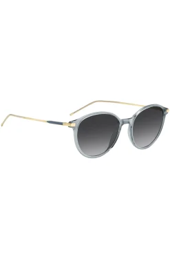 Blaugraue Sonnenbrille mit goldfarbenen Bügeln
