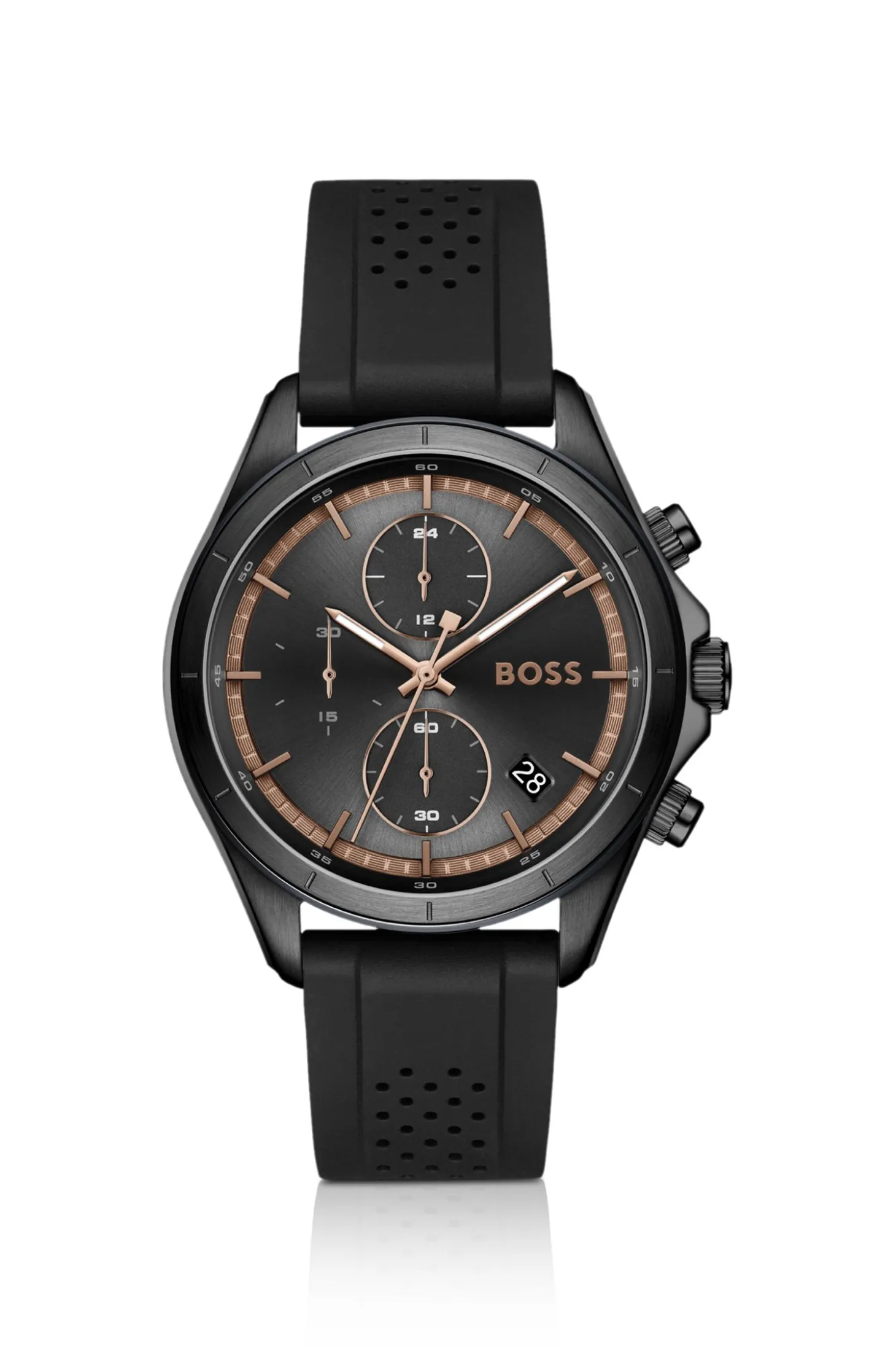 BOSSLETIC schwarz beschichtete Uhr mit perforiertem Silikonarmband