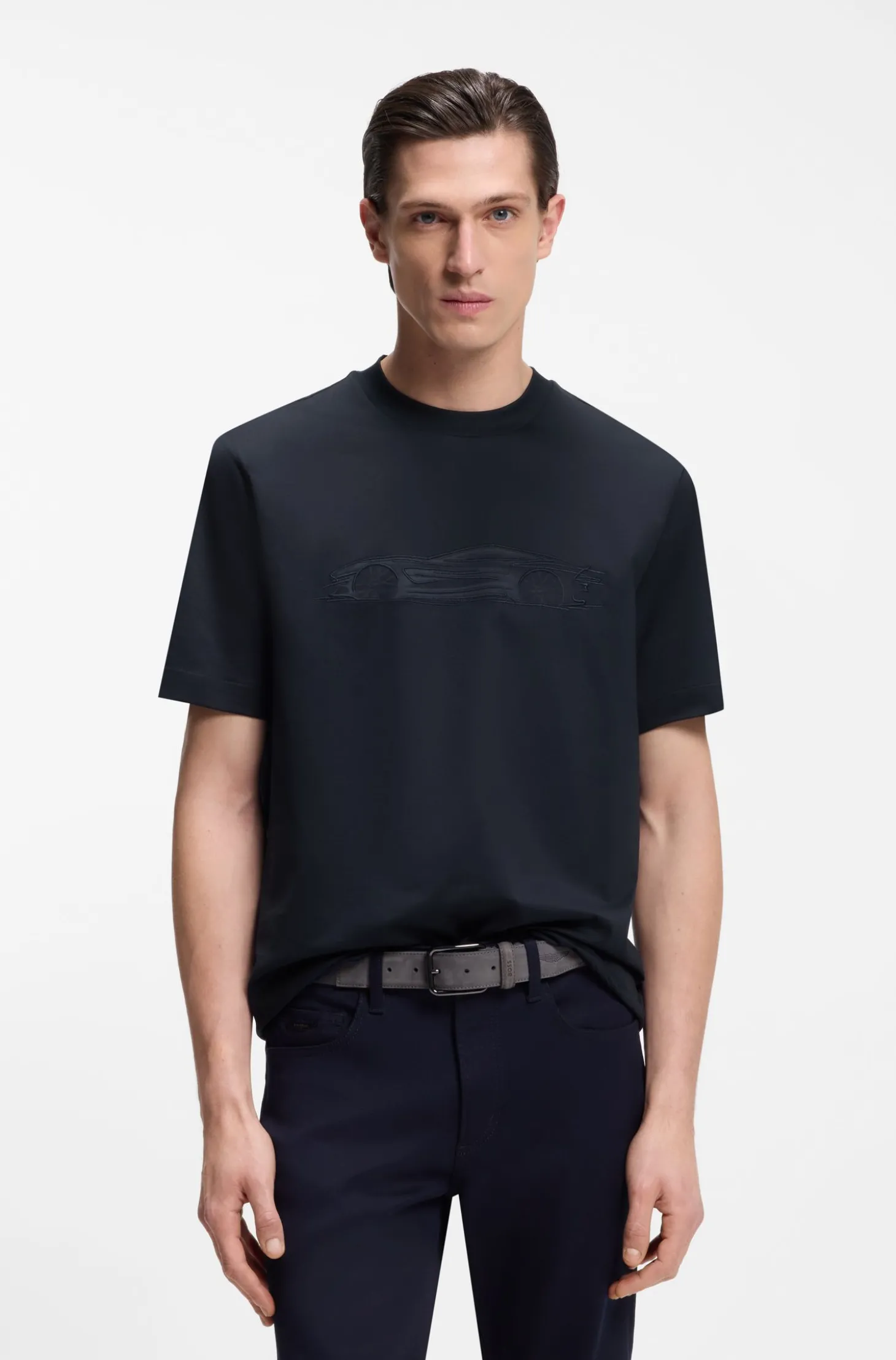 BOSS x ASTON MARTIN T-Shirt aus merzerisierter Baumwolle mit Auto-Artwork