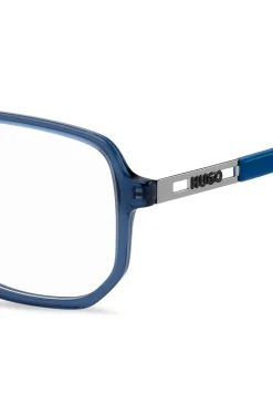 Brillenfassung aus blauem Acetat mit ausgestanztem Logo