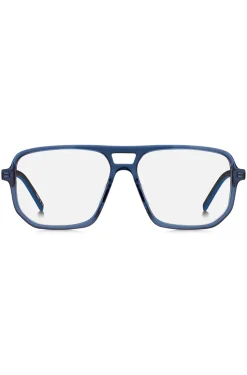 Brillenfassung aus blauem Acetat mit ausgestanztem Logo
