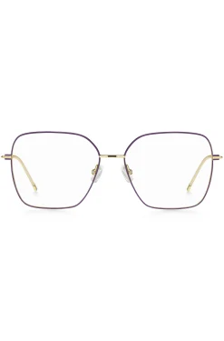 Brillenfassung aus goldfarbenem Stahl mit violetten Details
