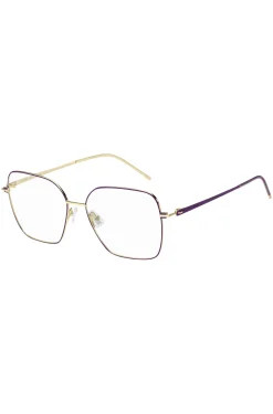 Brillenfassung aus goldfarbenem Stahl mit violetten Details