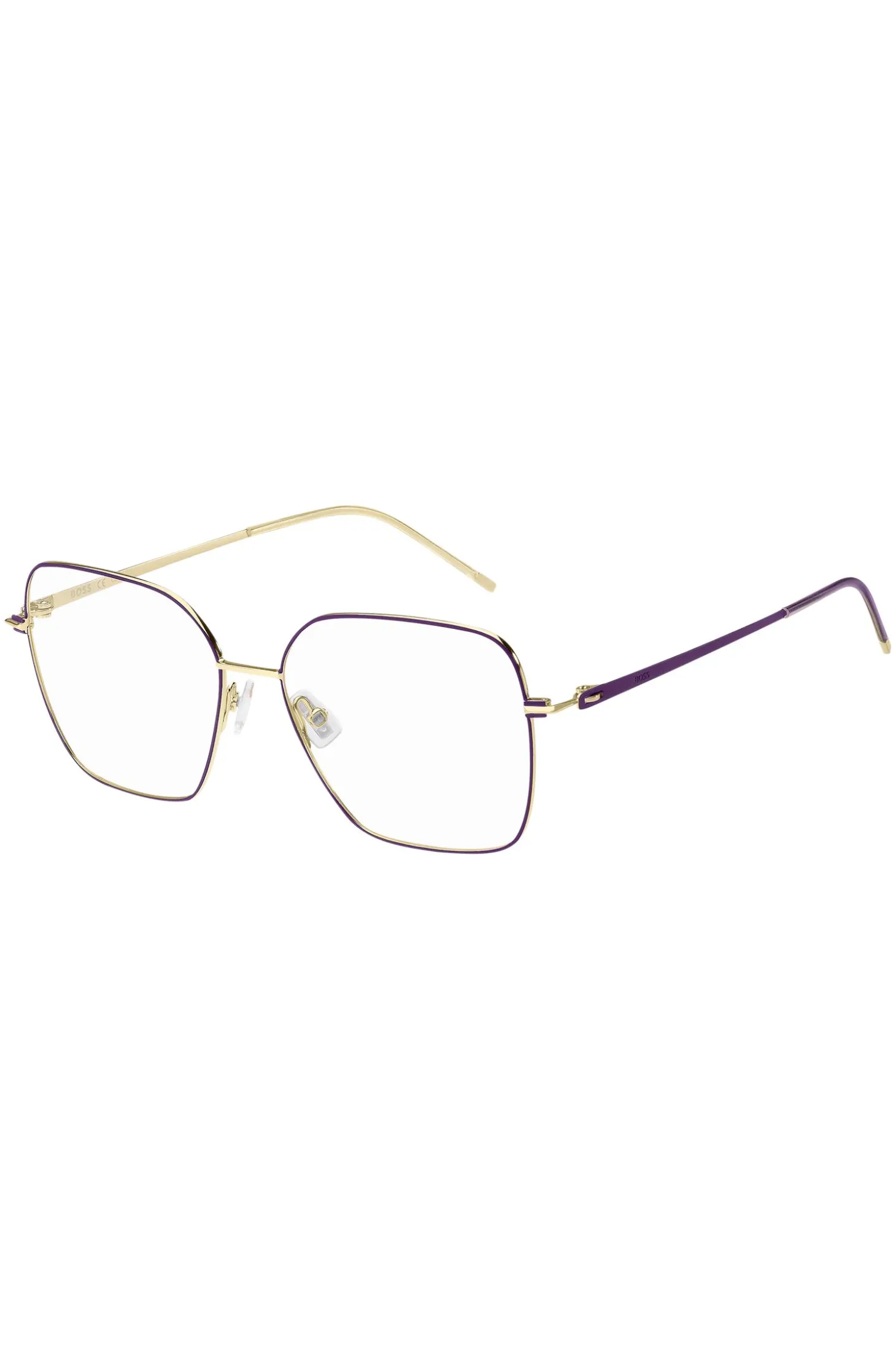 Brillenfassung aus goldfarbenem Stahl mit violetten Details