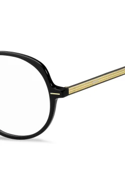 Brillenfassung aus schwarzem Acetat mit goldfarbenen Details