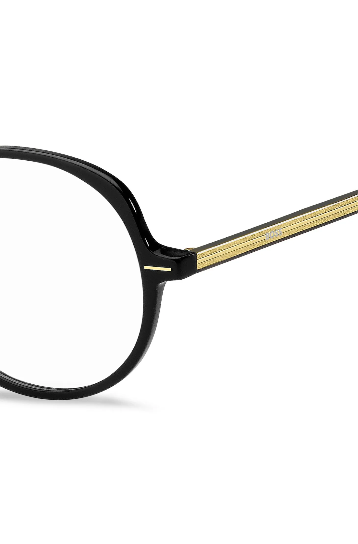 Brillenfassung aus schwarzem Acetat mit goldfarbenen Details