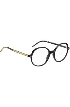 Brillenfassung aus schwarzem Acetat mit goldfarbenen Details