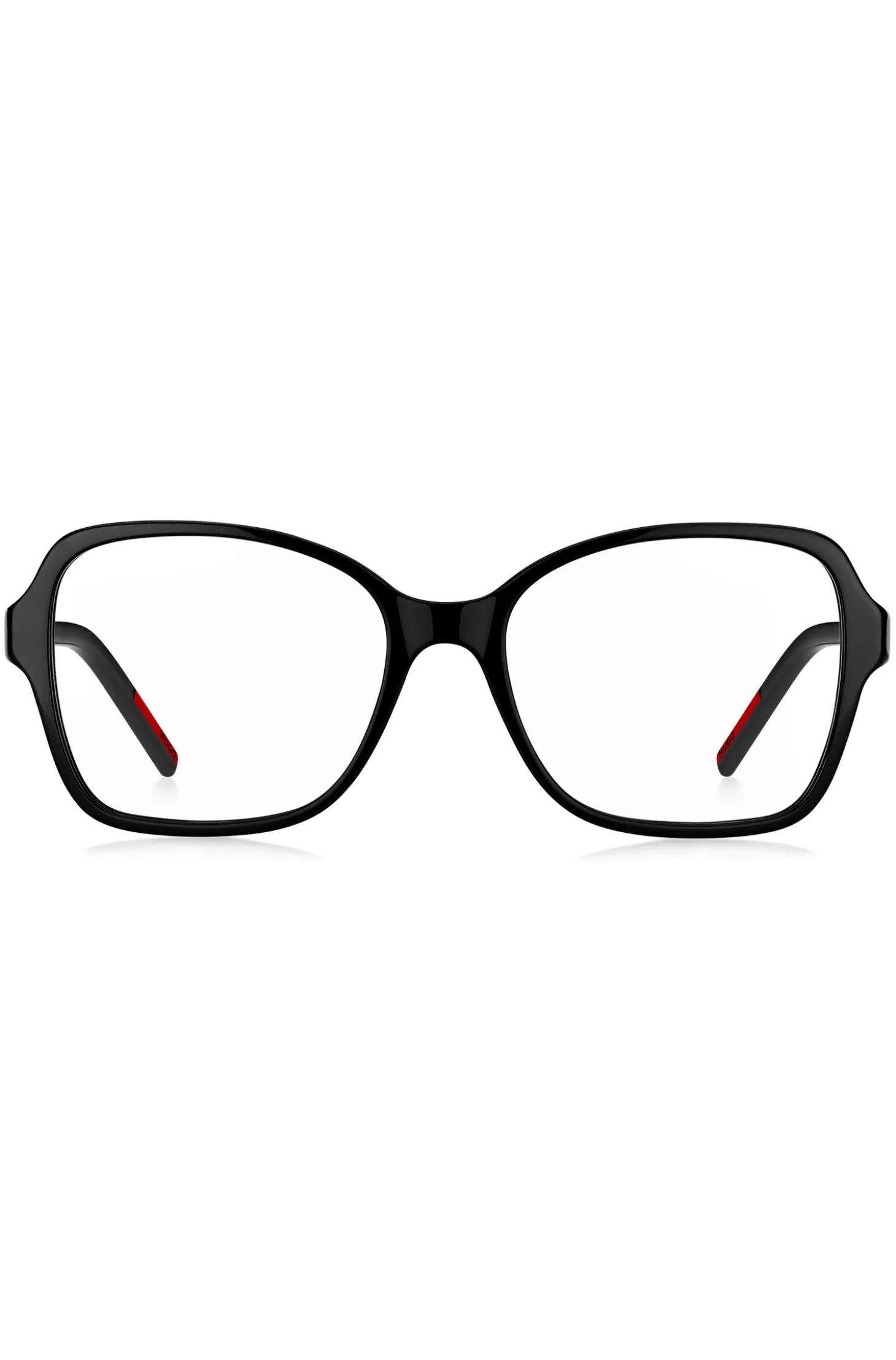 Brillenfassung aus schwarzem Acetat mit Logo an den Bügeln