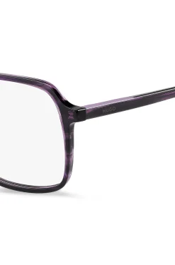 Brillenfassung aus violettem Horn mit Logo an den Bügeln
