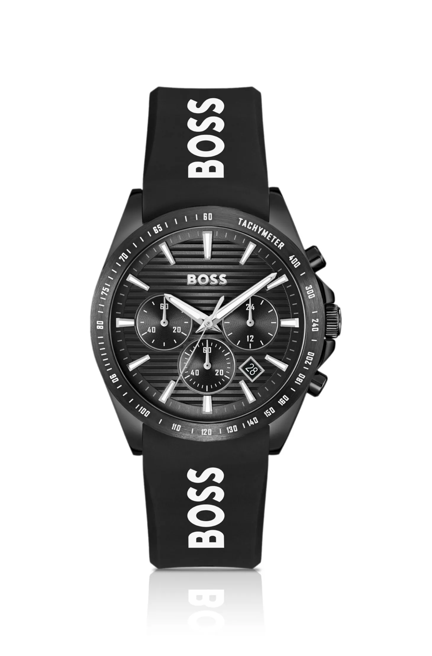 Chronograph mit schwarzem Zifferblatt und Silikonarmband mit Logo