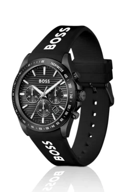 Chronograph mit schwarzem Zifferblatt und Silikonarmband mit Logo