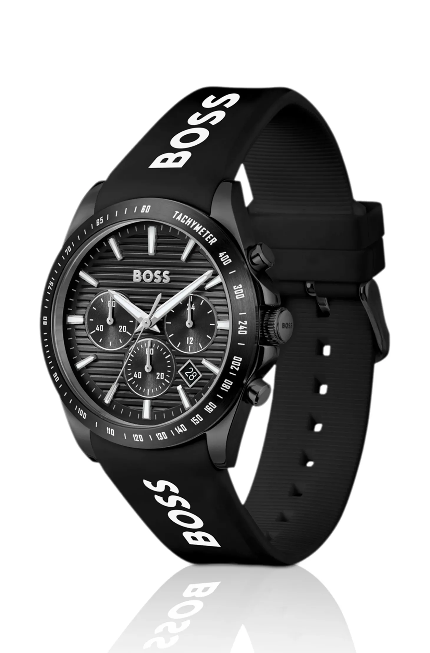 Chronograph mit schwarzem Zifferblatt und Silikonarmband mit Logo