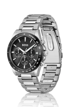 Chronograph mit schwarzem Zifferblatt und H-Gliederarmband