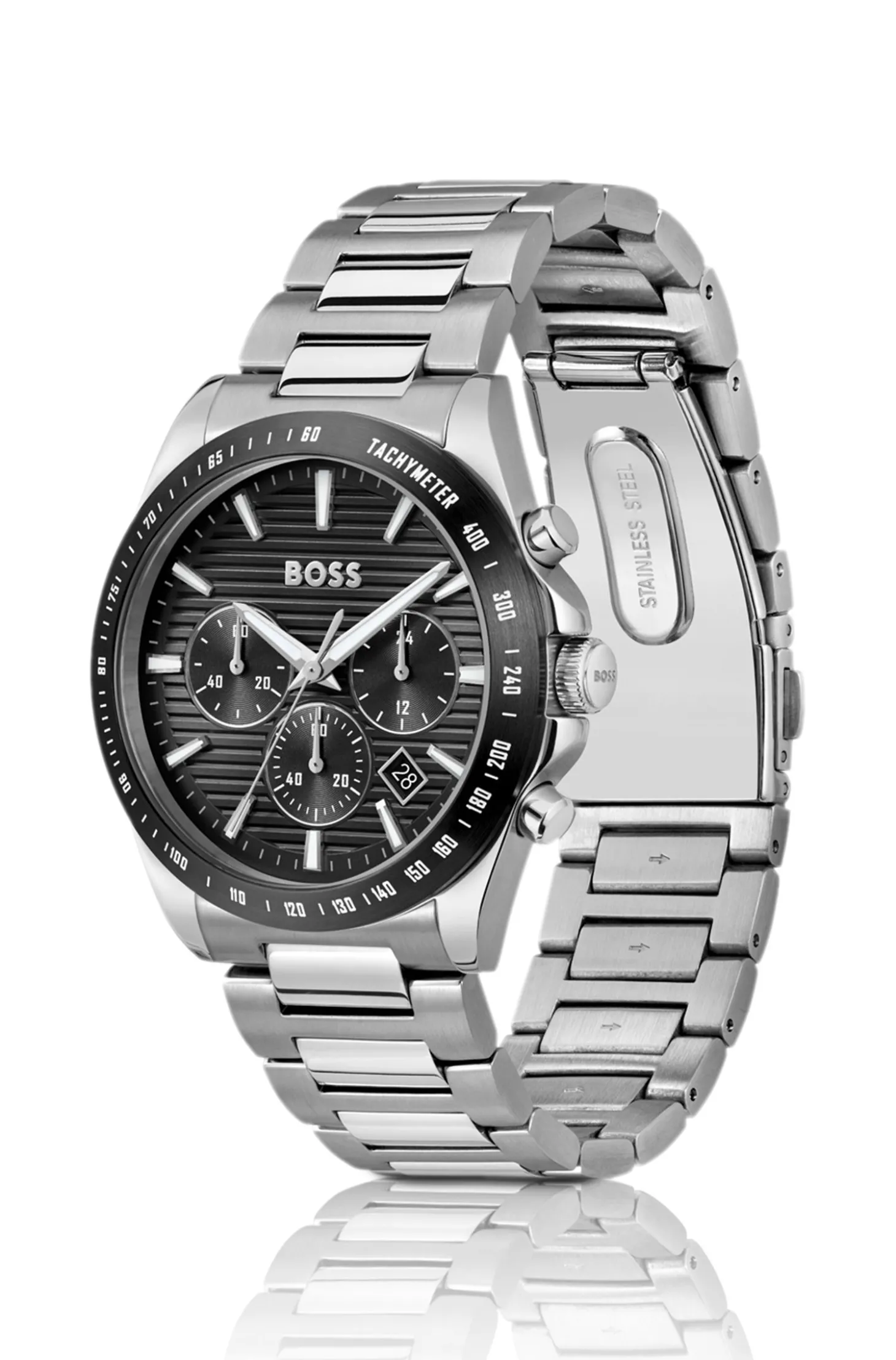 Chronograph mit schwarzem Zifferblatt und H-Gliederarmband