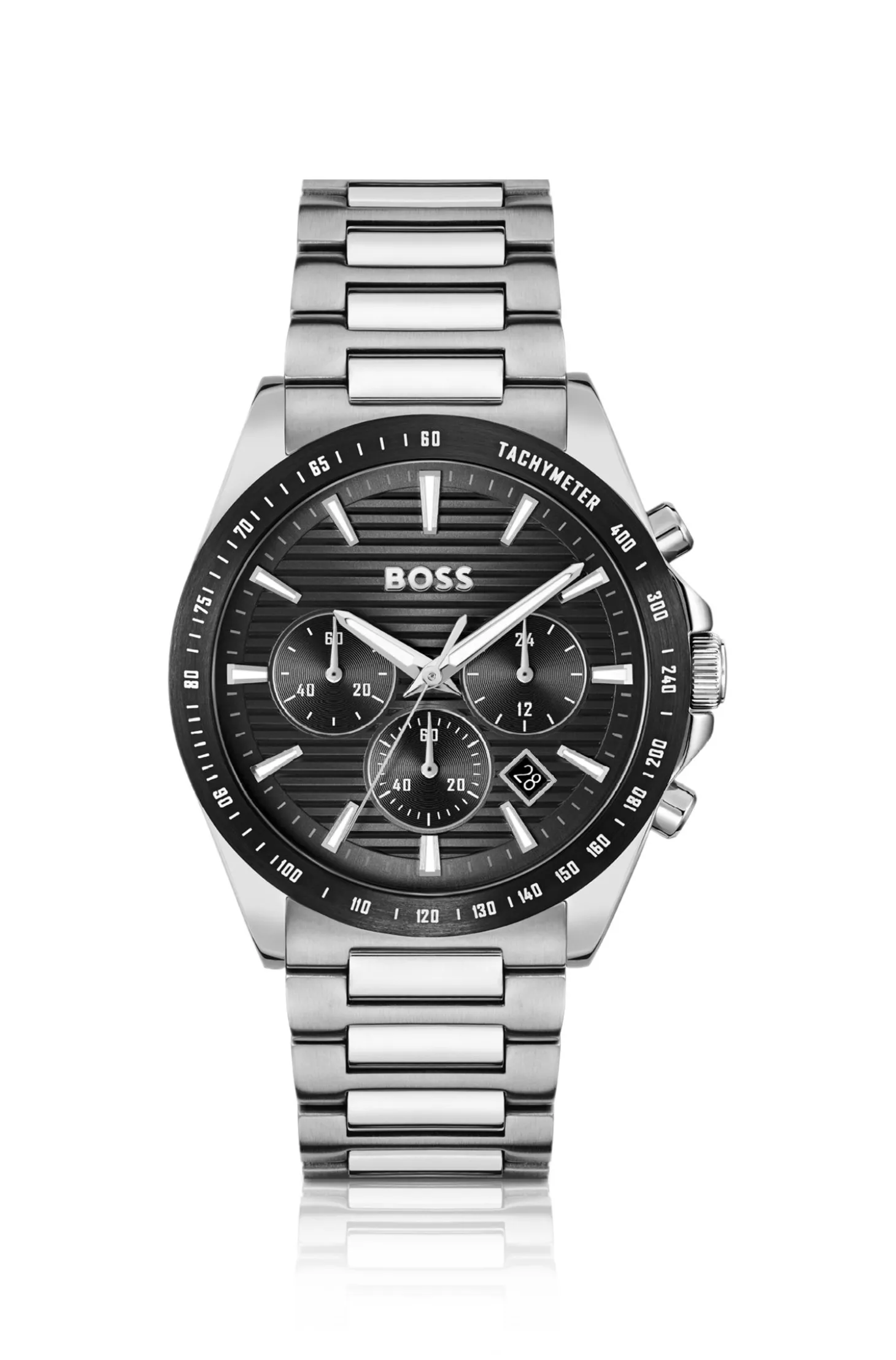 Chronograph mit schwarzem Zifferblatt und H-Gliederarmband