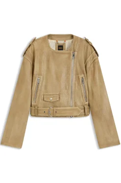 Cropped-Bikerjacke aus genarbtem Leder
