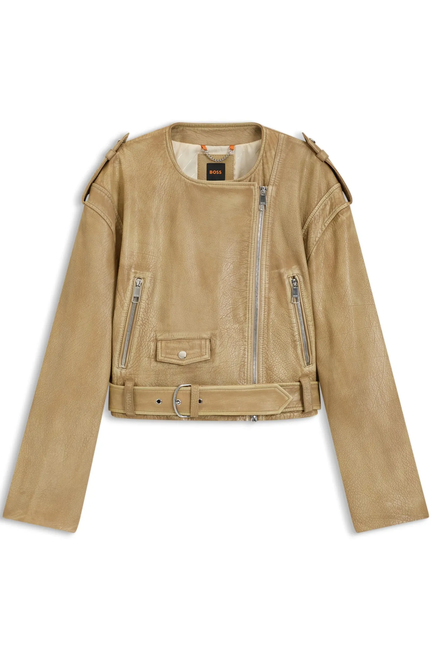 Cropped-Bikerjacke aus genarbtem Leder