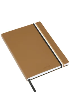 DIN-A5-Notizbuch aus camelfarbenem Kunstleder mit Signature-Streifen-Riemen