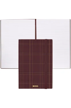 DIN-A5-Notizbuch mit bordeauxfarbenem Karo-Print und goldfarbenem Logo