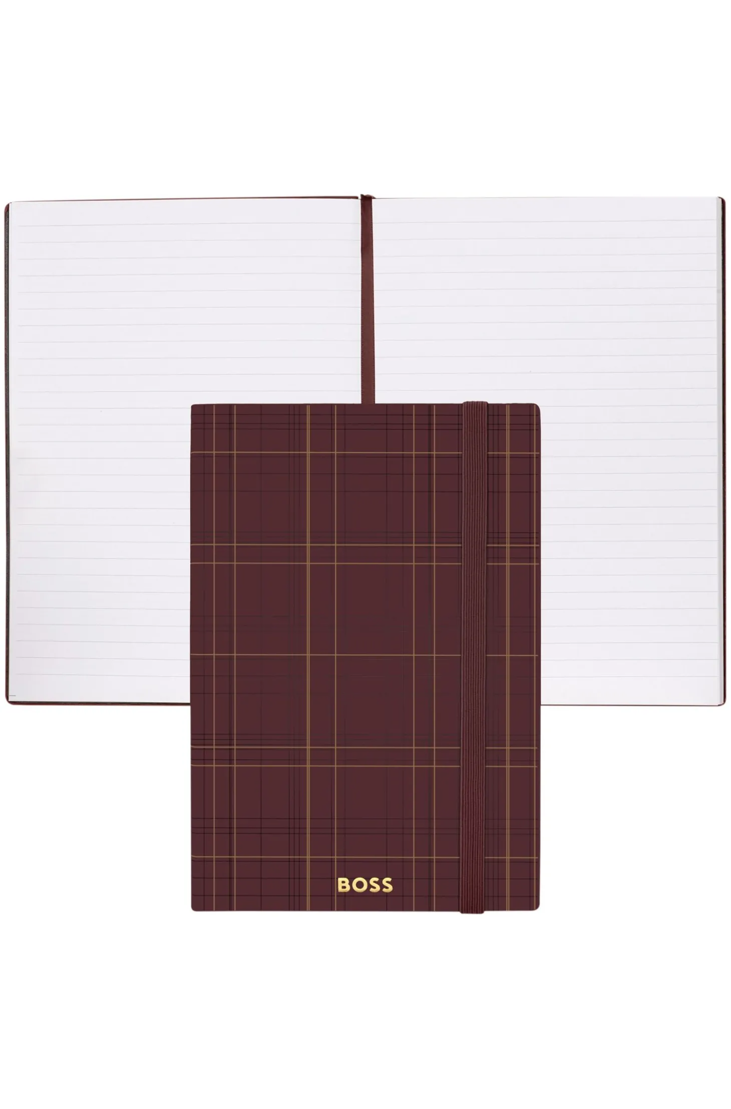 DIN-A5-Notizbuch mit bordeauxfarbenem Karo-Print und goldfarbenem Logo