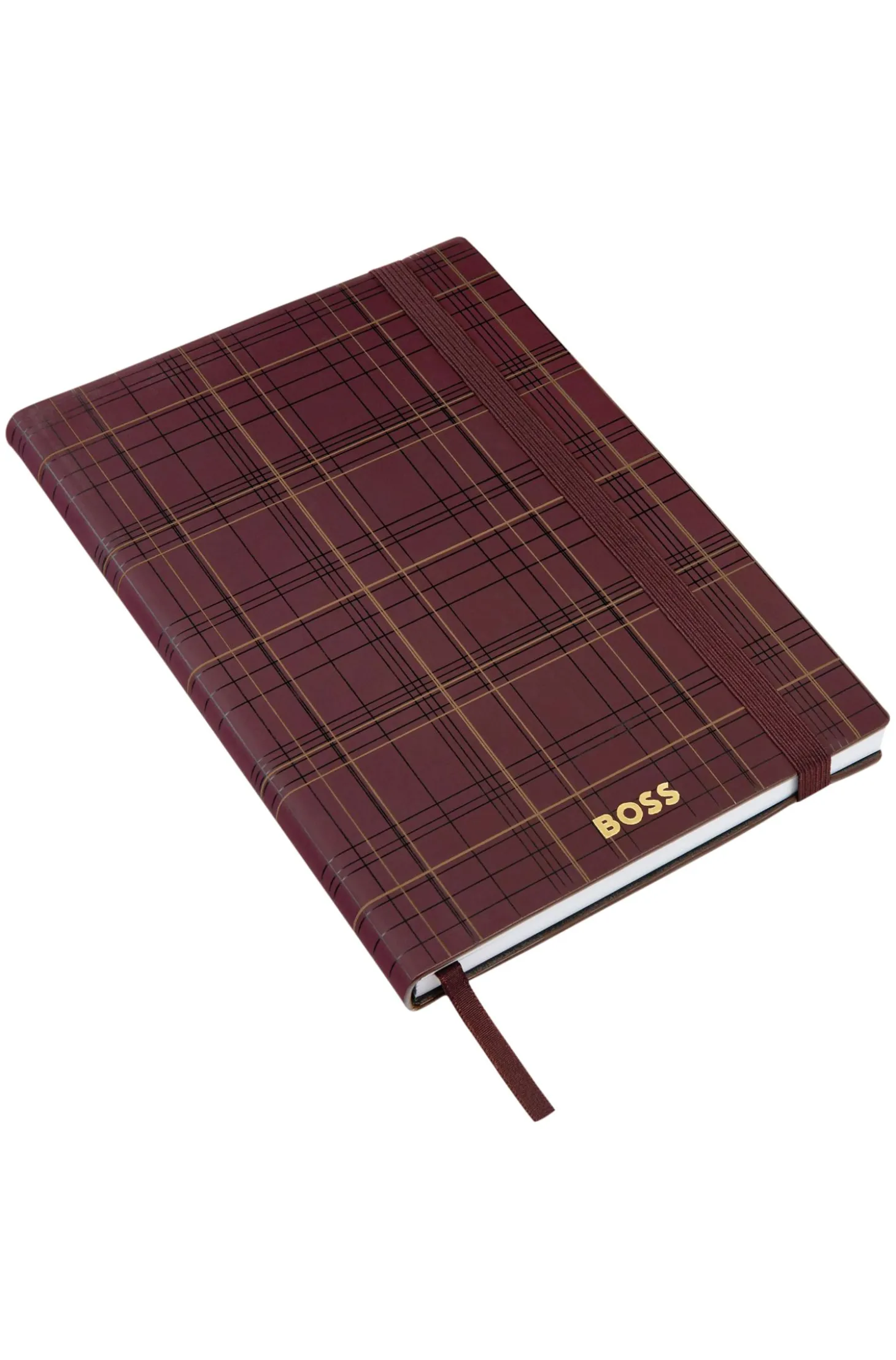 DIN-A5-Notizbuch mit bordeauxfarbenem Karo-Print und goldfarbenem Logo