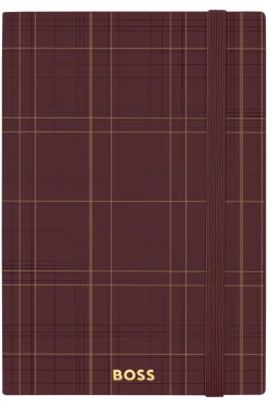 DIN-A5-Notizbuch mit bordeauxfarbenem Karo-Print und goldfarbenem Logo