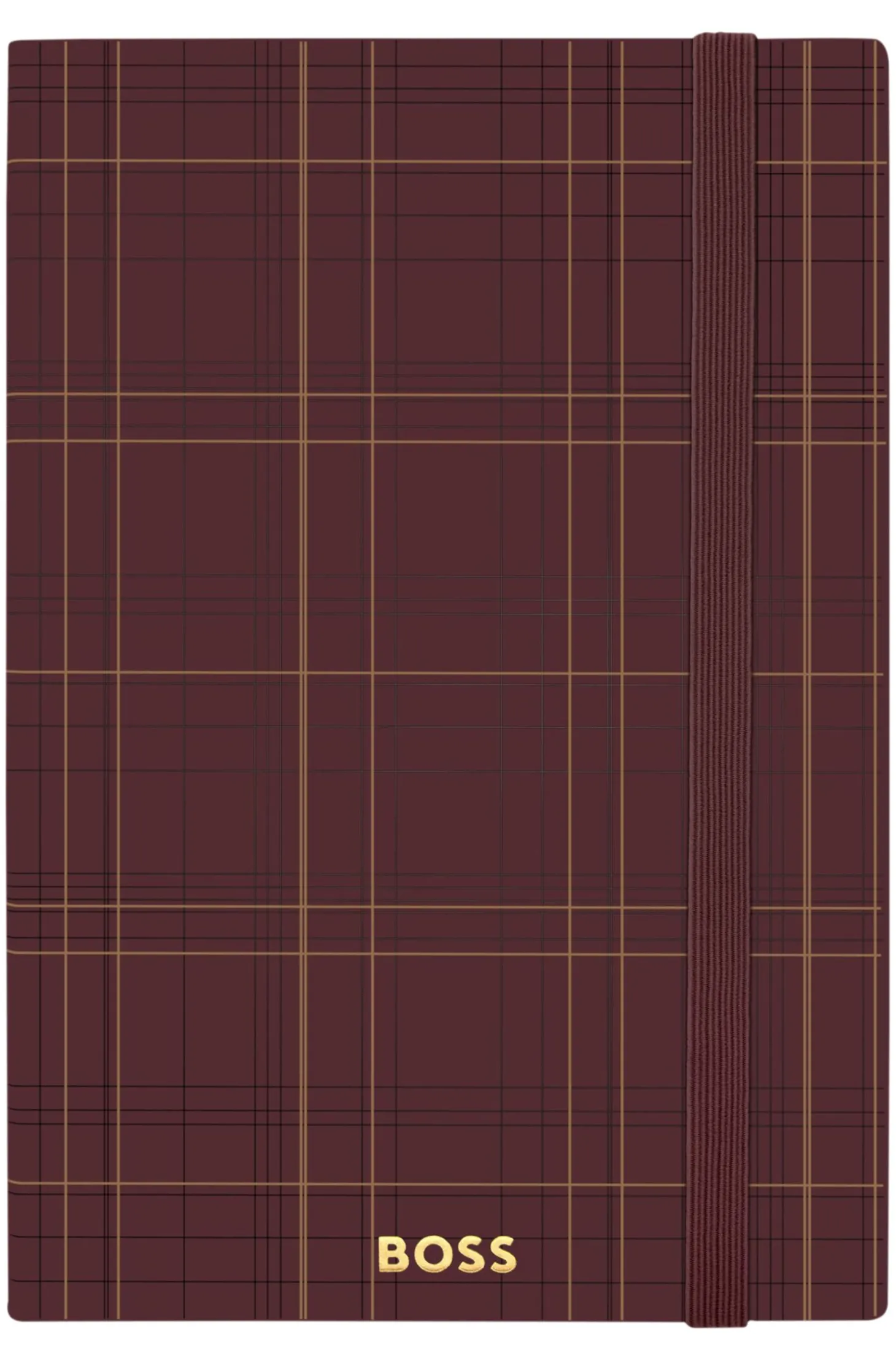 DIN-A5-Notizbuch mit bordeauxfarbenem Karo-Print und goldfarbenem Logo