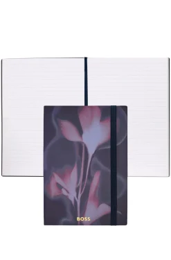 Dunkelblaues A5-Notizbuch mit floralem Print und Folien-Logo