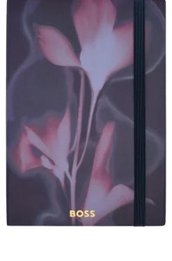 Dunkelblaues A5-Notizbuch mit floralem Print und Folien-Logo