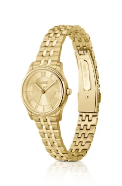 Elegante goldfarbene Uhr mit Zifferblatt im Sonnenschliff