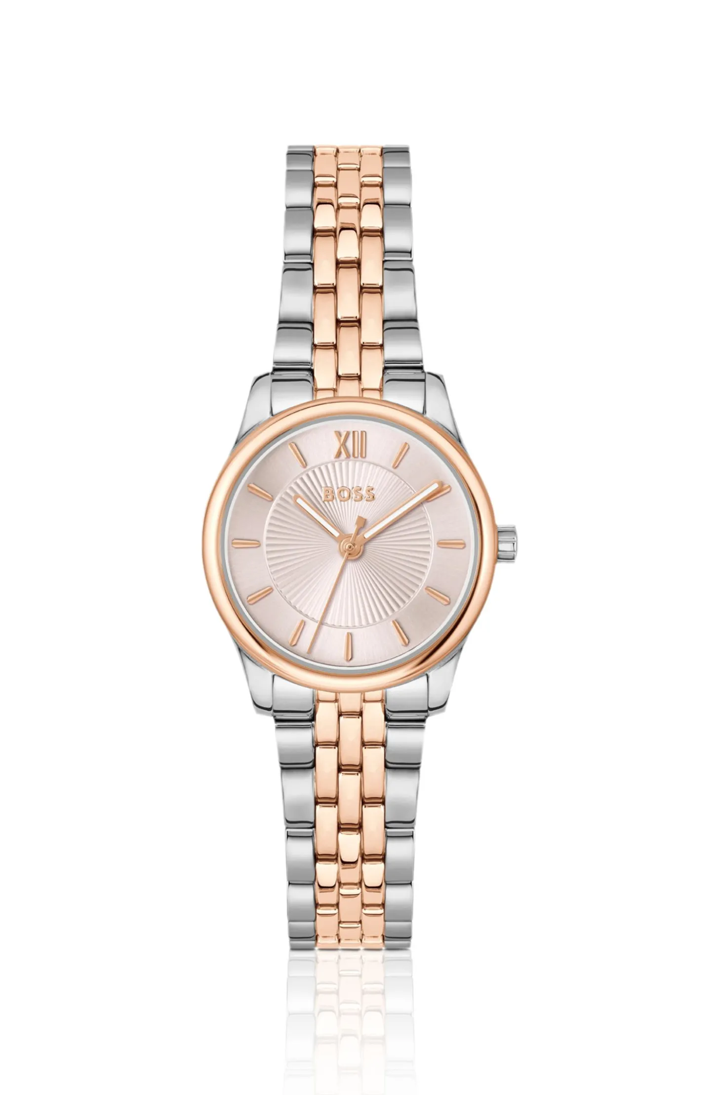 Elegante zweifarbige Uhr mit rosafarbenem Zifferblatt im Sonnenschliff