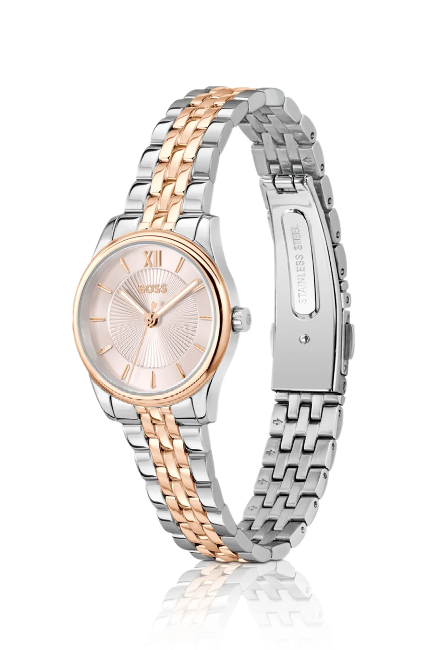 Elegante zweifarbige Uhr mit rosafarbenem Zifferblatt im Sonnenschliff