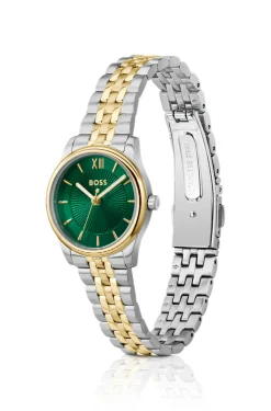 Elegante zweifarbige Uhr mit sonnenstrahlenförmig gemustertem Zifferblatt