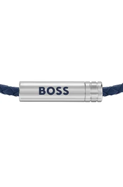 Geflochtenes Armband aus blauem Leder mit Logo-Plakette