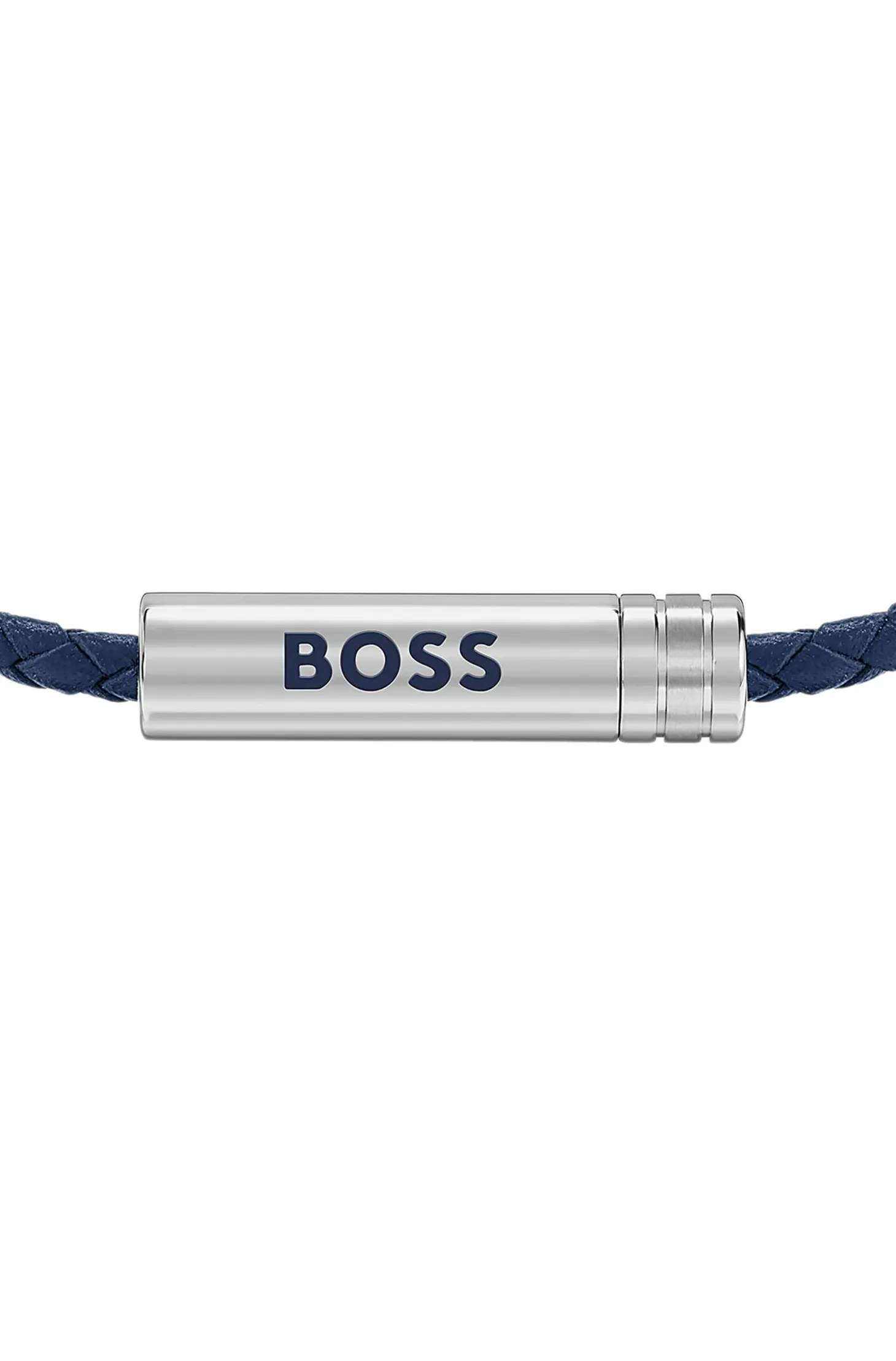 Geflochtenes Armband aus blauem Leder mit Logo-Plakette