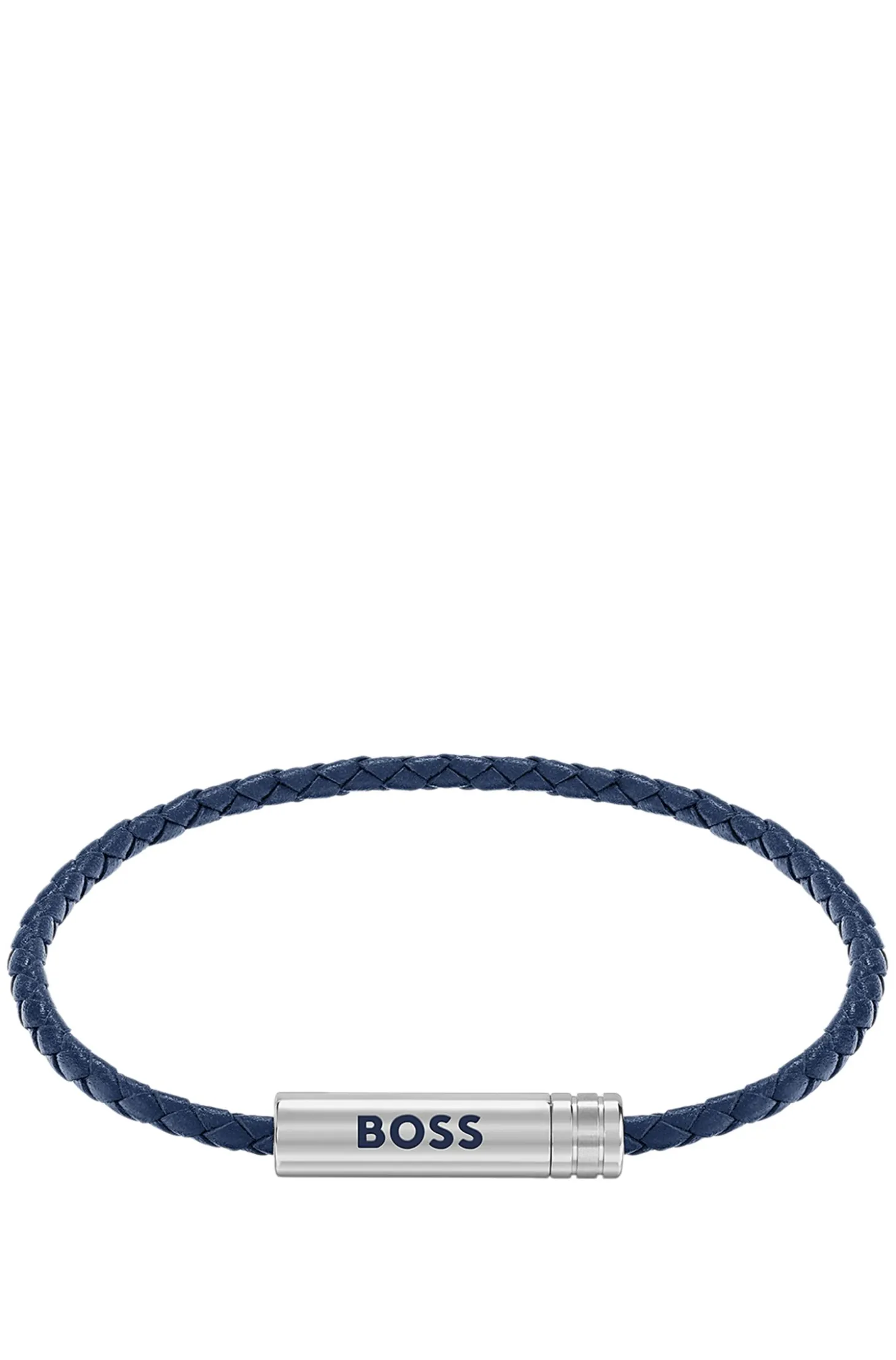 Geflochtenes Armband aus blauem Leder mit Logo-Plakette
