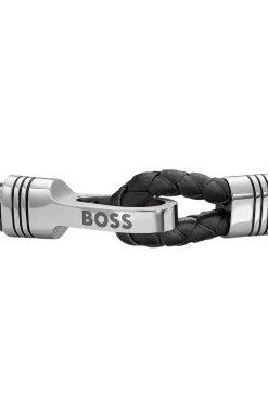 Geflochtenes Armband aus schwarzem Leder und Edelstahl