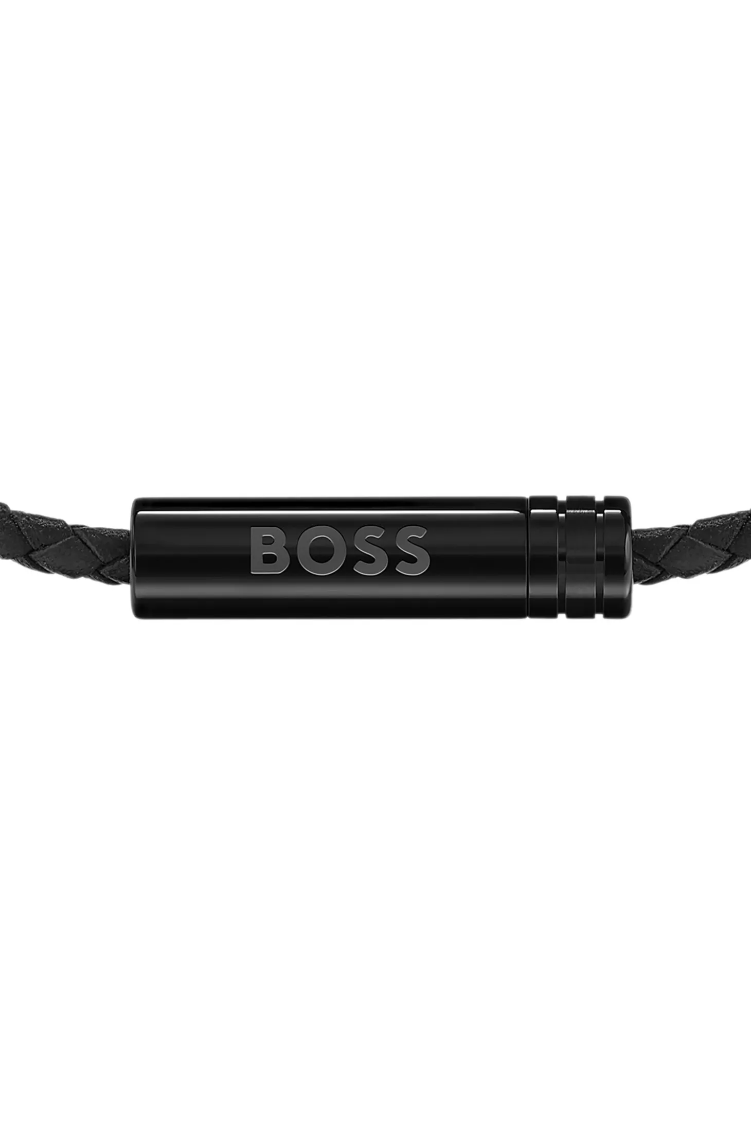 Geflochtenes Armband aus schwarzem Leder mit Logo-Plakette