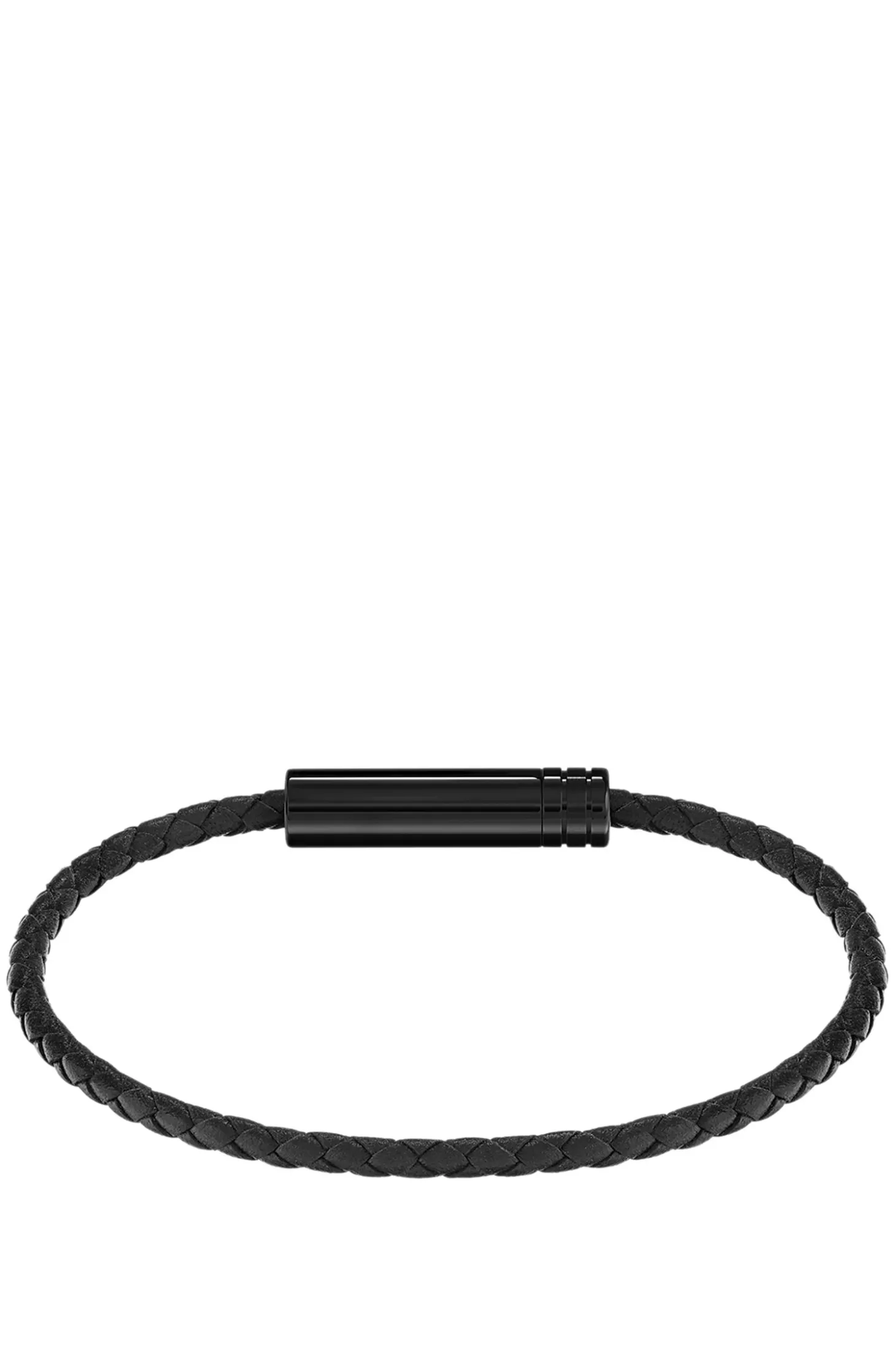 Geflochtenes Armband aus schwarzem Leder mit Logo-Plakette